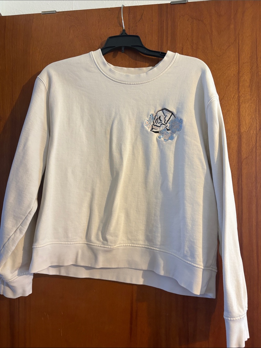 The Kooples Cream Crewneck Sweatshirt with Embroidered Skull Floral Motif